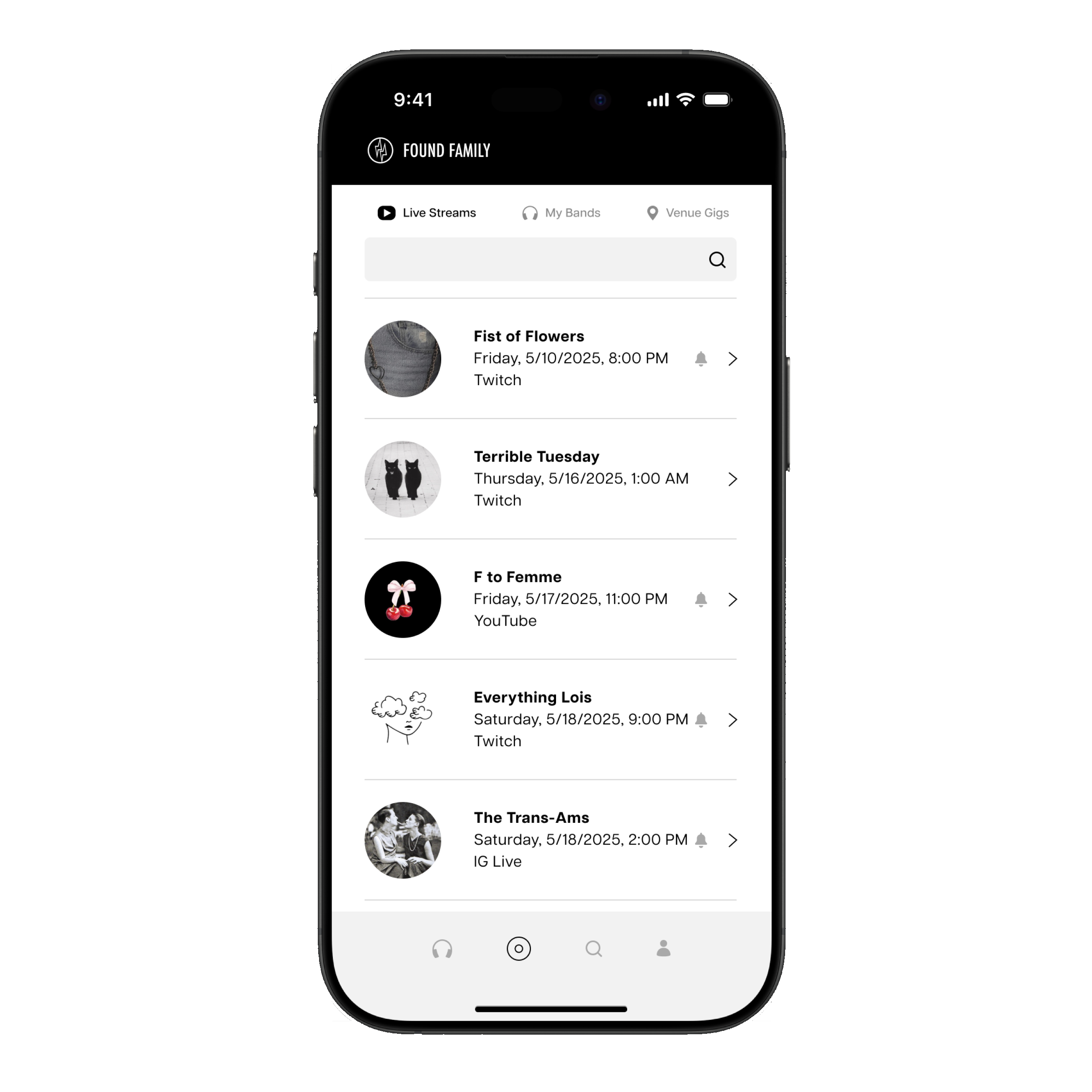 APP Live Streams layout showing who is streaming at that moment.

